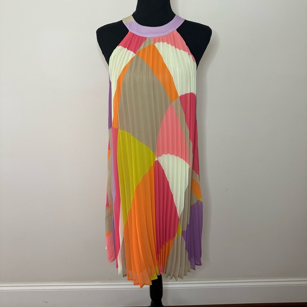Trina Turk Pink Purple Orange Tan Pleated Mini Swing Dress
